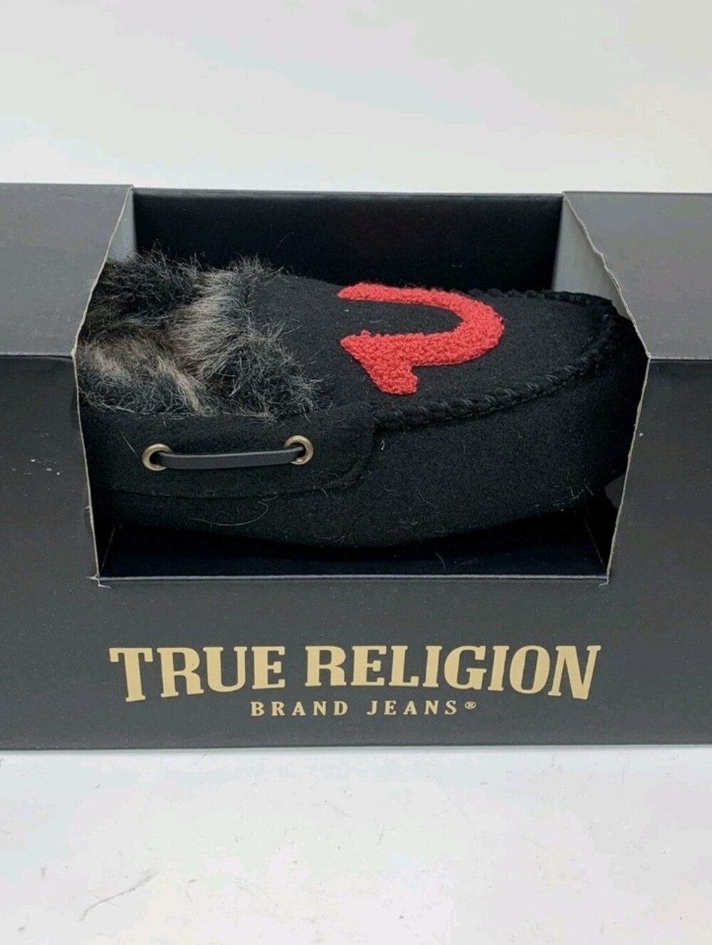 True Religion Black Faux Fur Moccasin Slipper with Red Logo